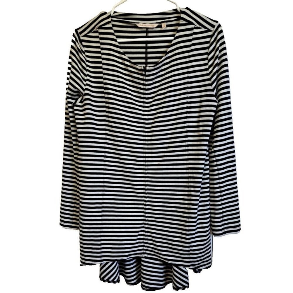 Soft Surroundings M Calista Black/Gray Stripe Zip Front Tunic Hi-Lo Hem FLAW!